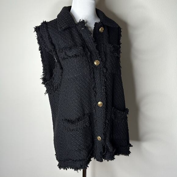 Zara Black Tweed Fringe Gold Button Vest - Picture 5 of 7